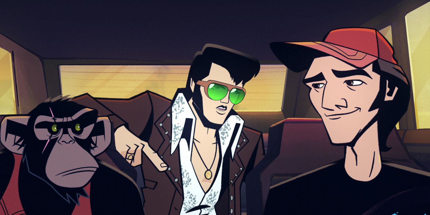 Elvis con Scatter y Bobby Ray en su limusina para el agente Elvis de Netflix