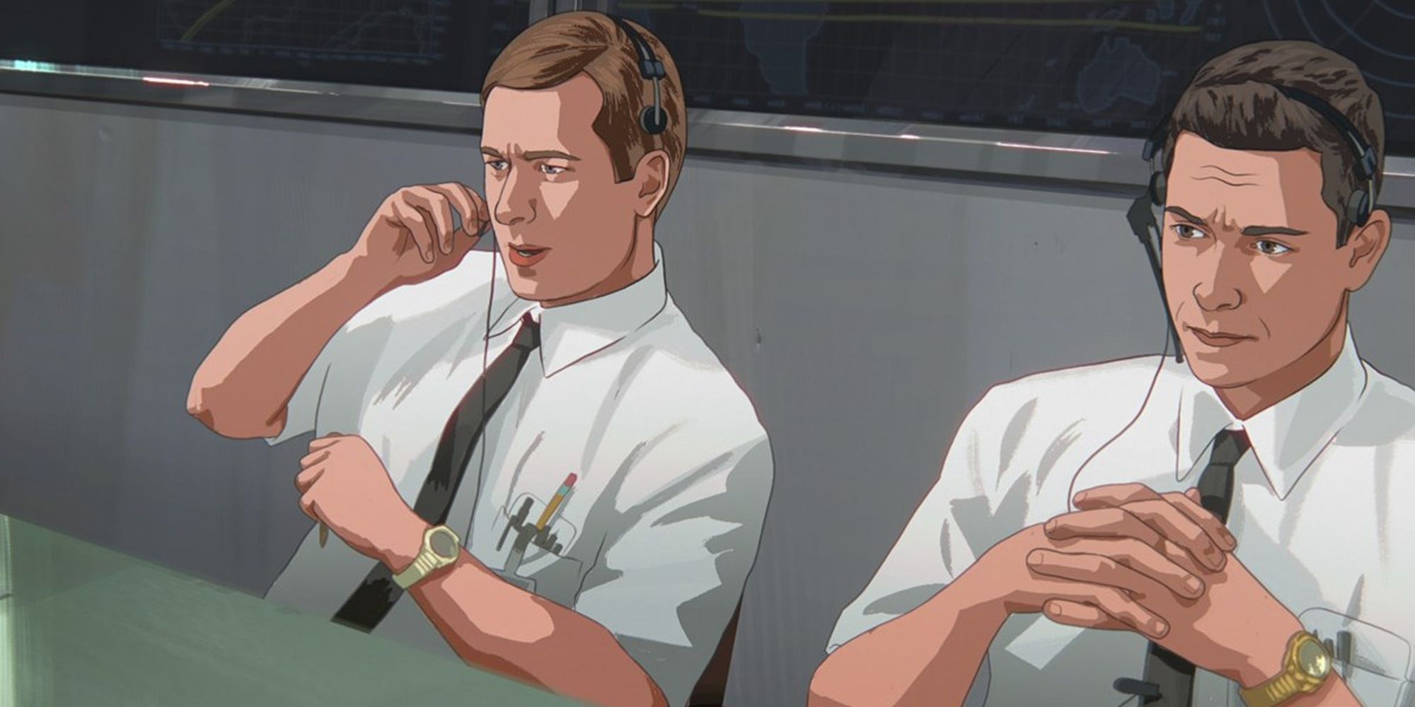 Animated versions of Glen Powell and Zachary Levi in a NASA control room in 'Apollo 10½'