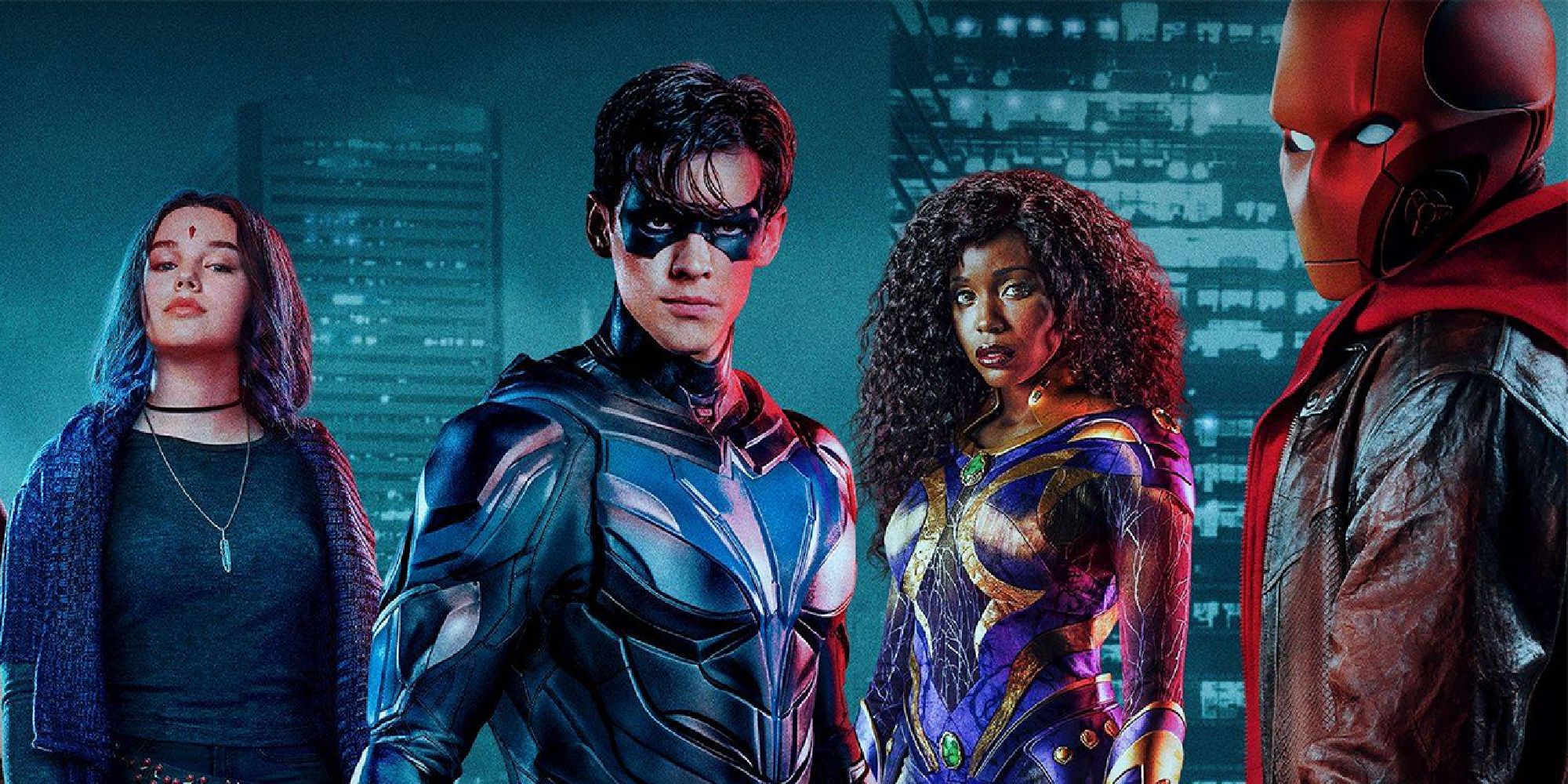 Anna Diop, Ryan Potter, Brenton Thwaites, and Teagan Croft in a promotional shoot for Titans