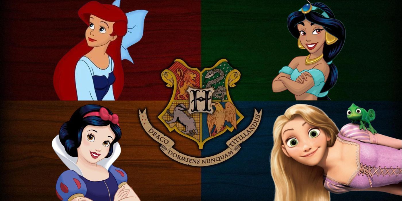 Ariel, Jasmine, Snow White, and Rapunzel within their Hogwarts Houses