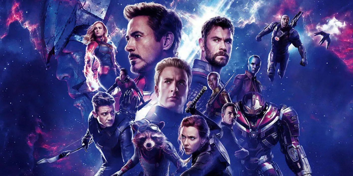 A montage of the characters in a purple poster for Avengers: Endgame