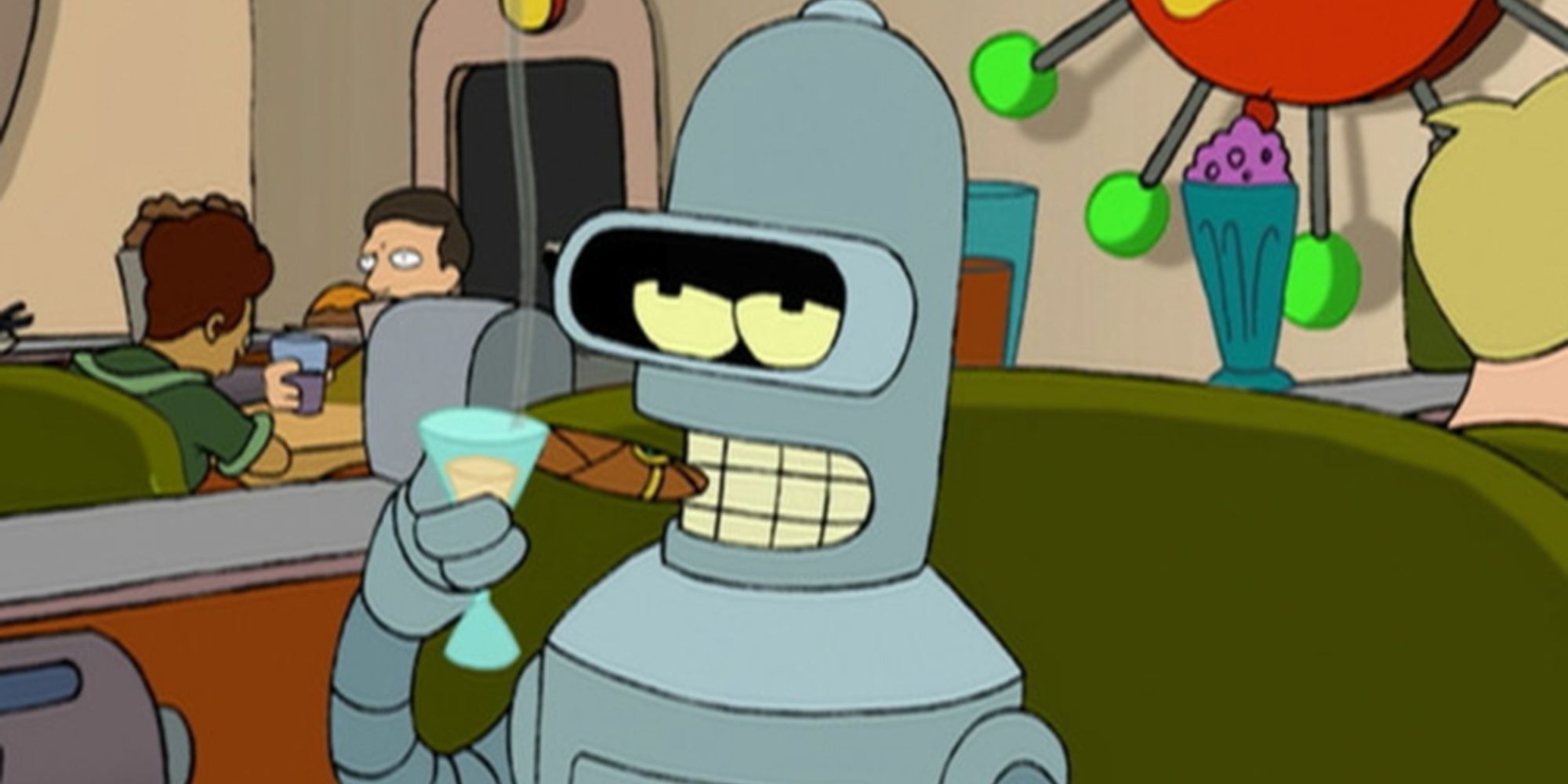 Bender fume un cigare et boit un cocktail.