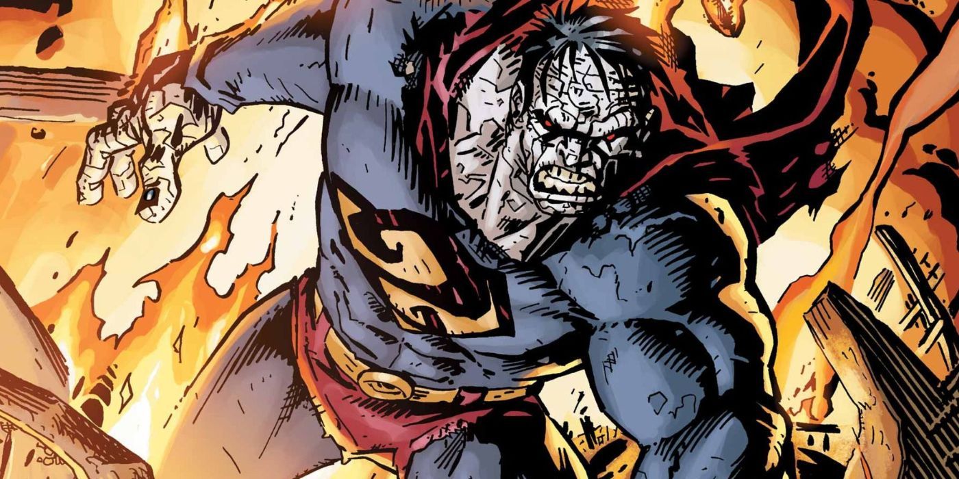 DC Comics' Bizarro angrily walking through a burning building