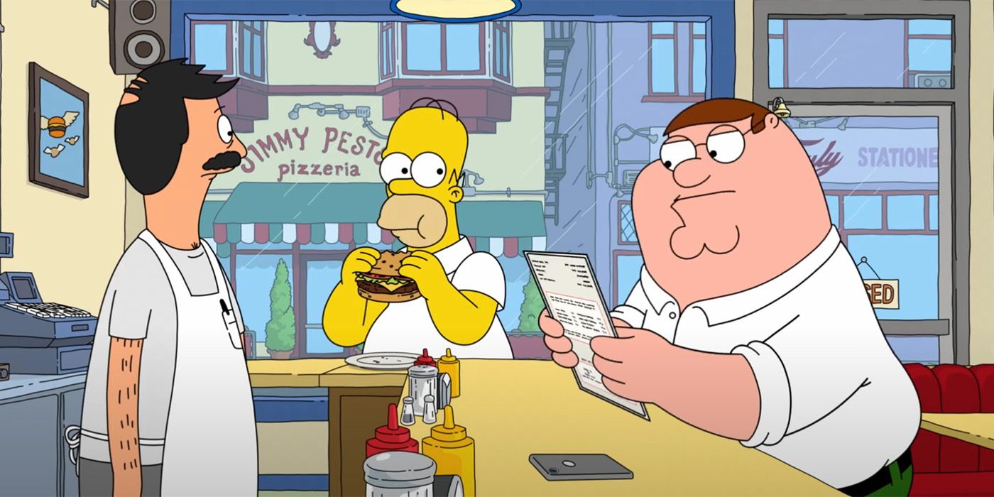 Bob Belcher, Homer Simpson, and Peter Griffin in the Bobs Burgers resturant