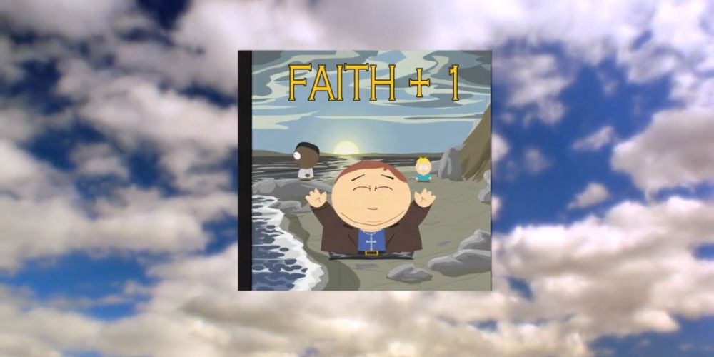 Cartman, Tolkien and Butters on the Faith Plus One album cover in South Park