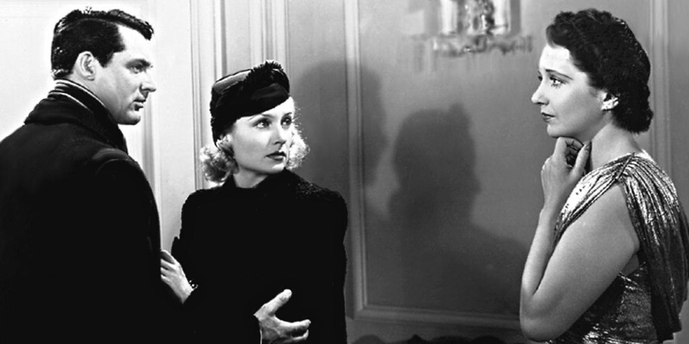 Cary Grant debout avec Carole Lombard à la porte tandis que Kay Francis se tient à distance d'eux dans In Name Only