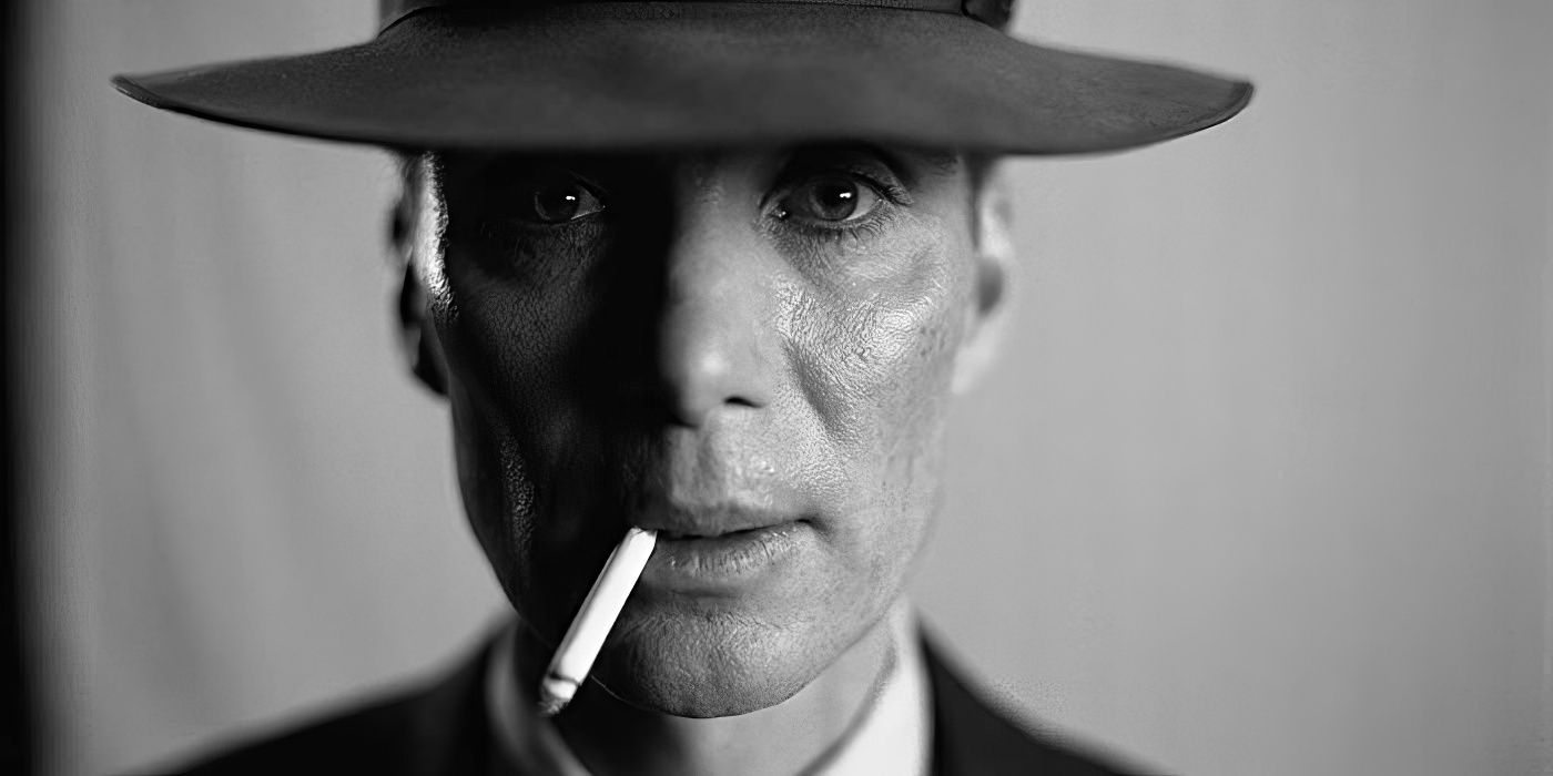Cillian Murphy as Oppenheimer with a cigarette in his mouth