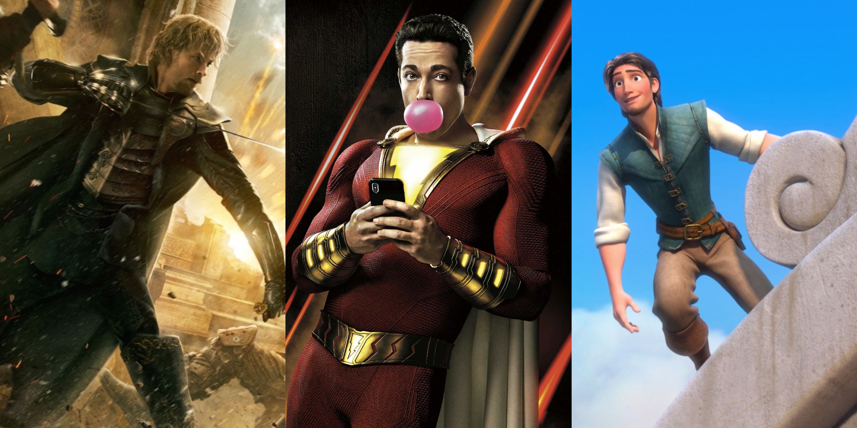 Collage with photos of Zachary Levi in Thor The Dark World, Shazam, and Tangled
