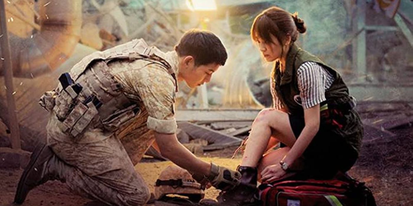 Descendants of the Sun poster representing Song Hye-kyo and Song Joong-ki as they help each other.