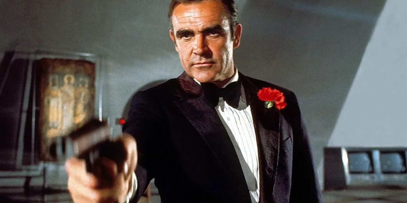 James Bond aiming a gun at someone off-camera in Diamonds Are Forever