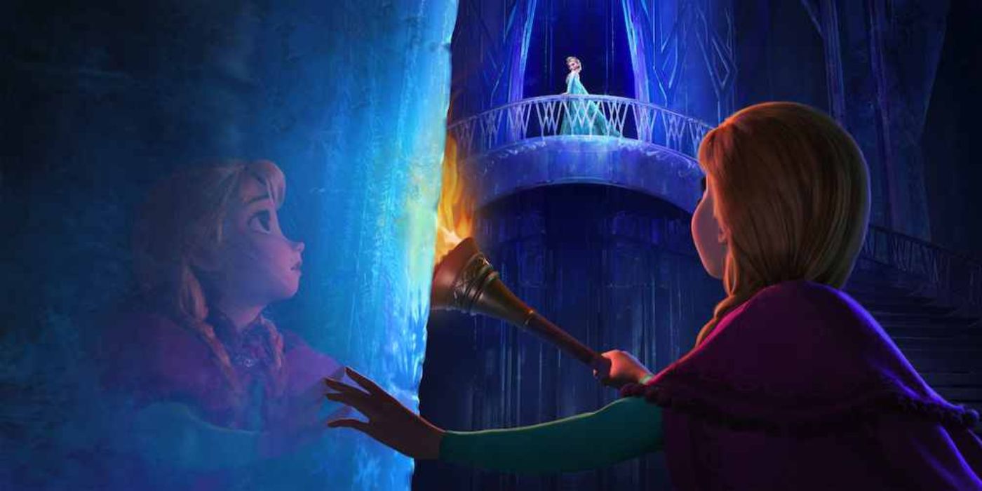 Anna regardant Elsa dans son château de glace