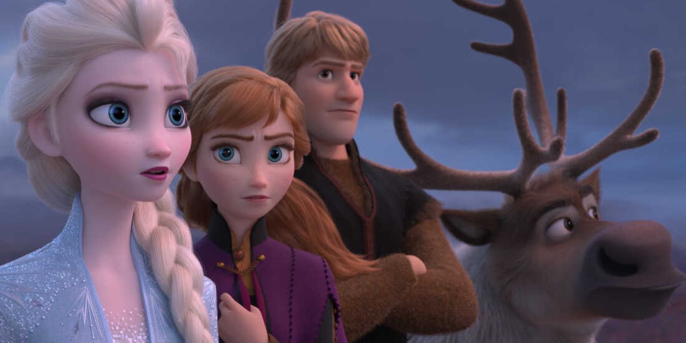 Elsa, Anna, Kristoff et Sven regardant hors de l'écran.