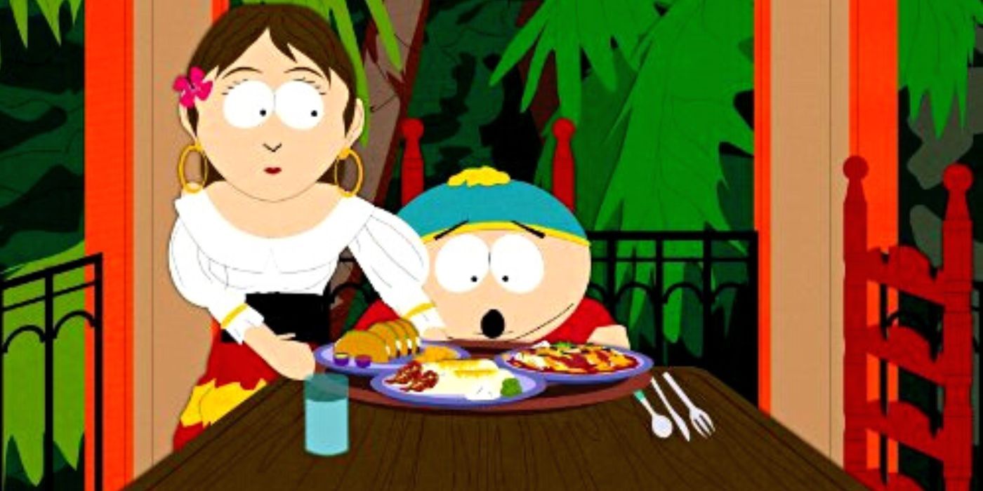 Eric Cartman being served food at Casa Bonita in South Park