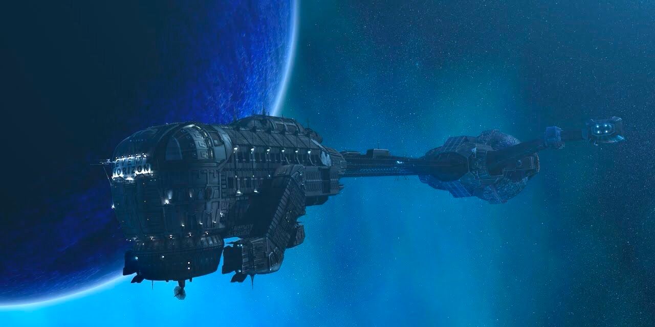 A large spaceship floats in deep space. 