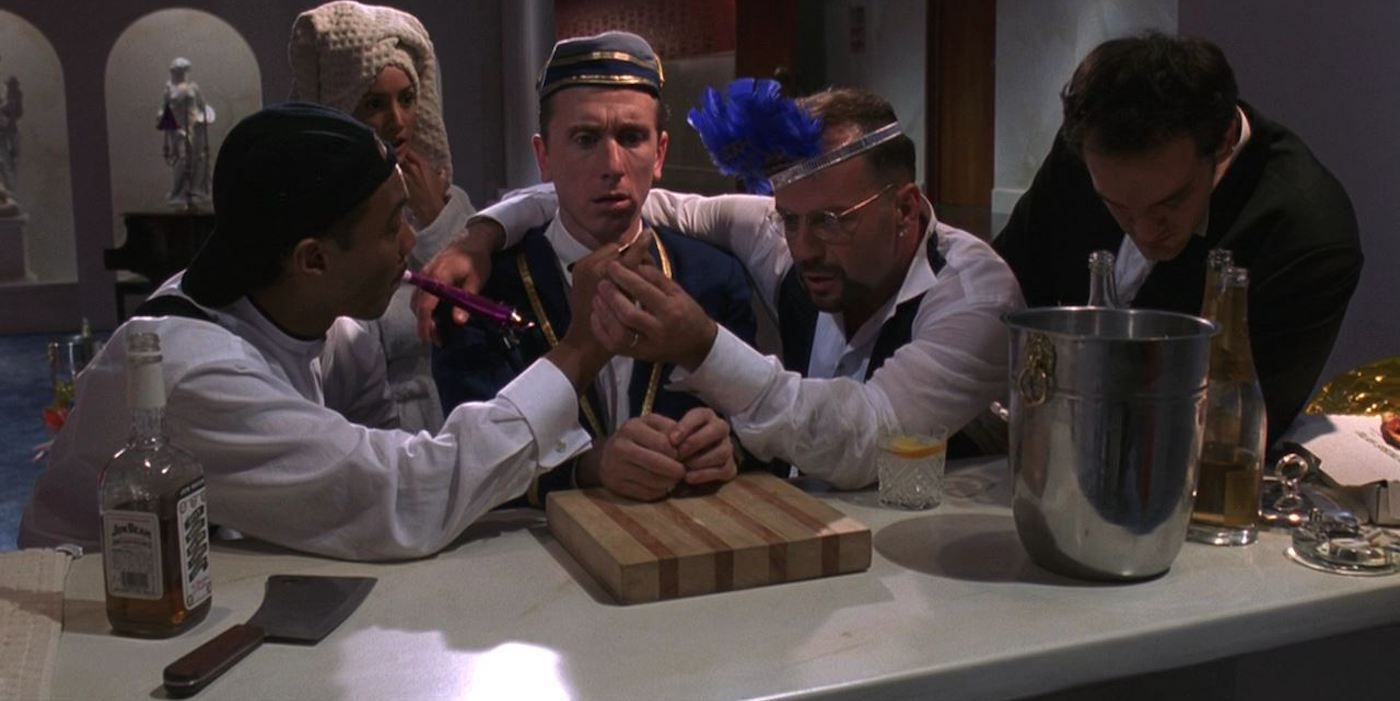 Quentin Tarantino, Tim Roth, and Bruce Willis in Four Rooms