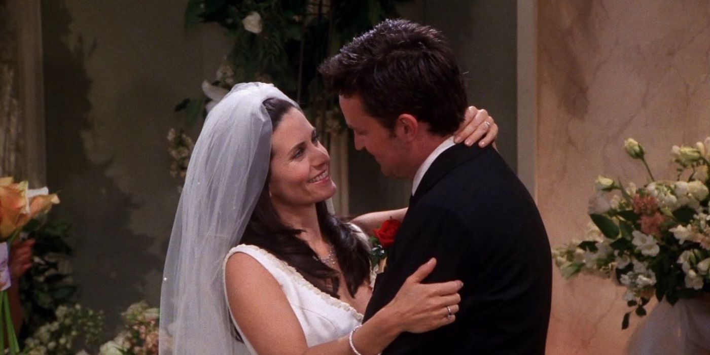 Monica, played by Courteney Cox, dancing with Chandler, played by Matthew Perry, on their wedding day in Friends