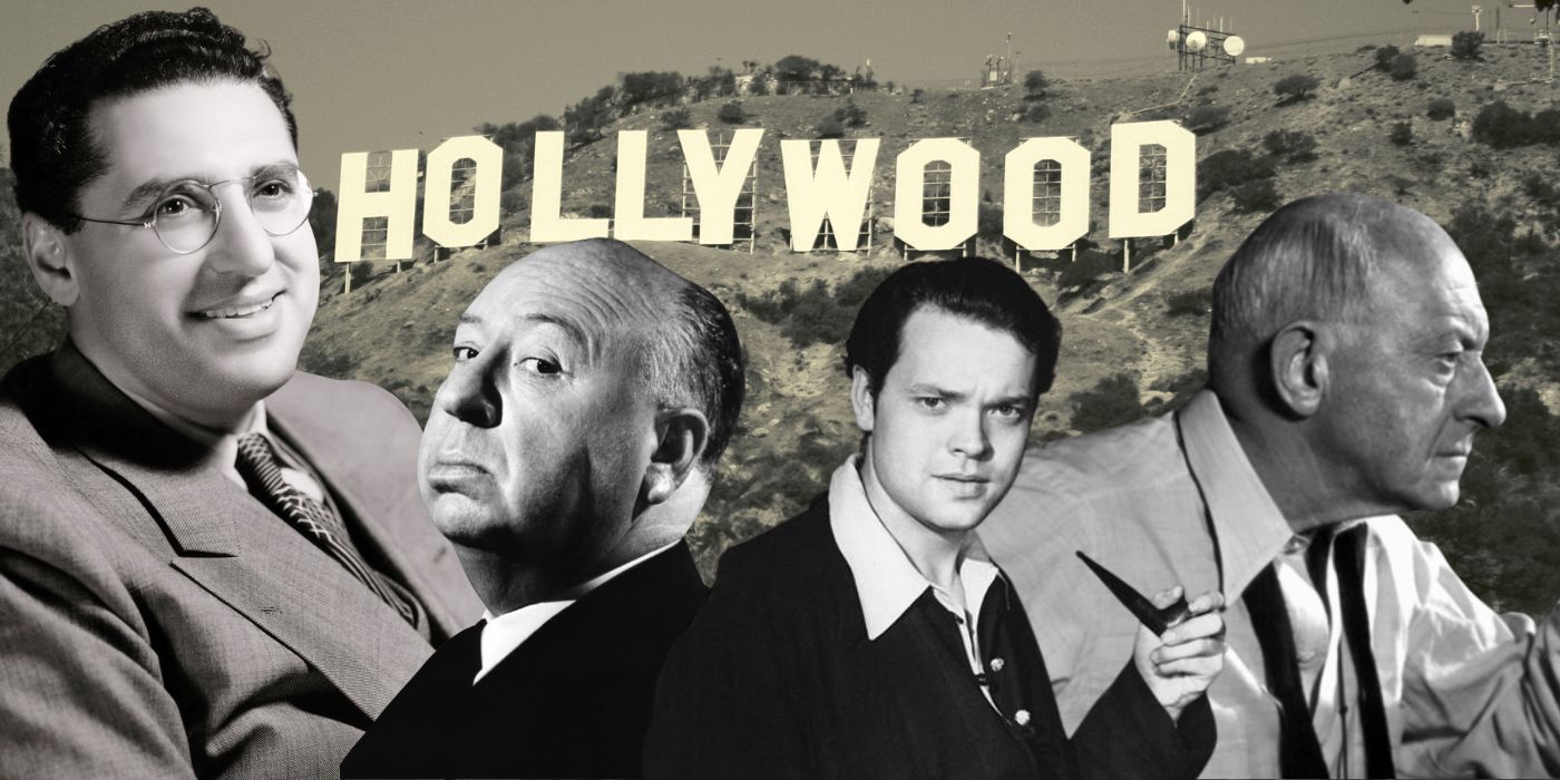 Blended image showing several Golden Age directors against a Hollywood sign background