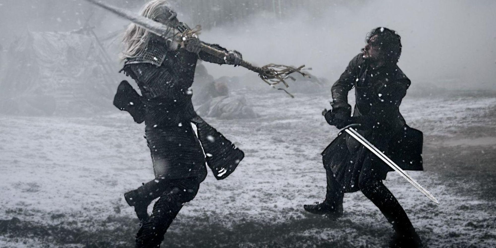 Kit Harington as Jon Snow fighting a White Walker in Game of Thrones.