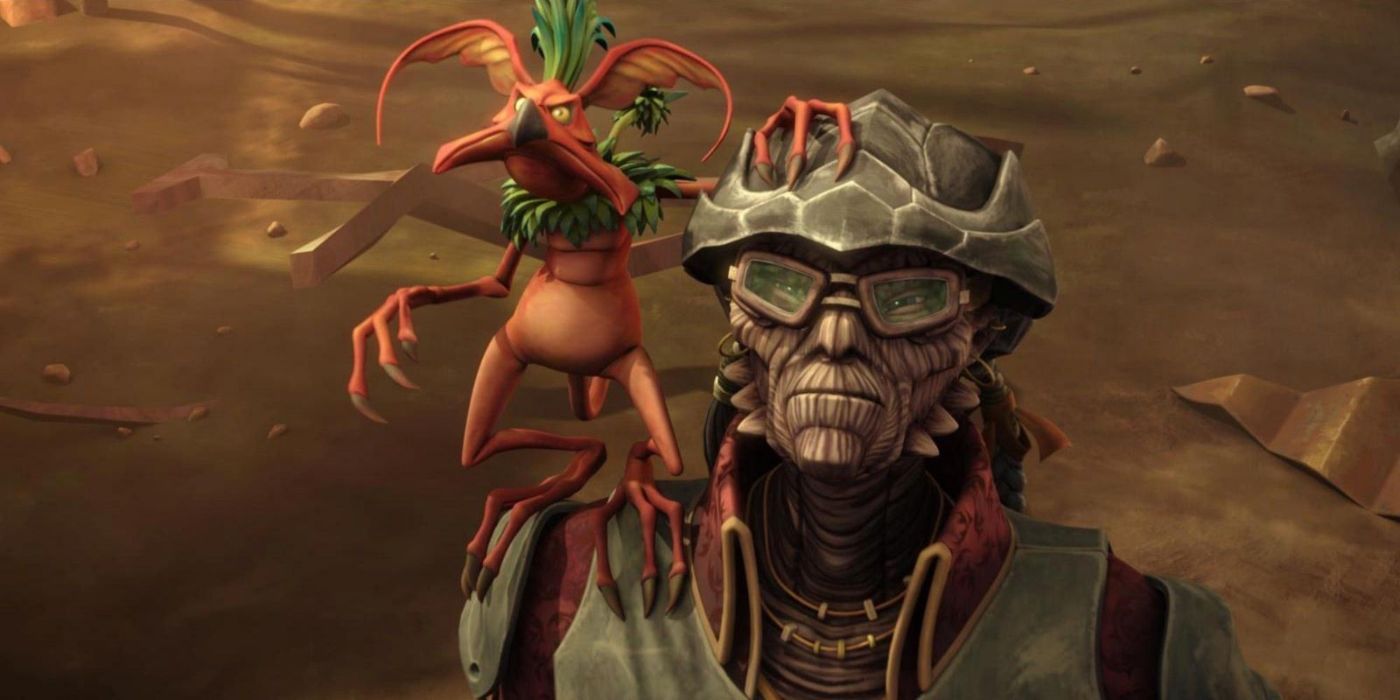 Hondo Ohnaka, voiced by Jim Cummings, and his monkey-lizard Pilf Mukmuk perched on his shoulder look up in disdain.
