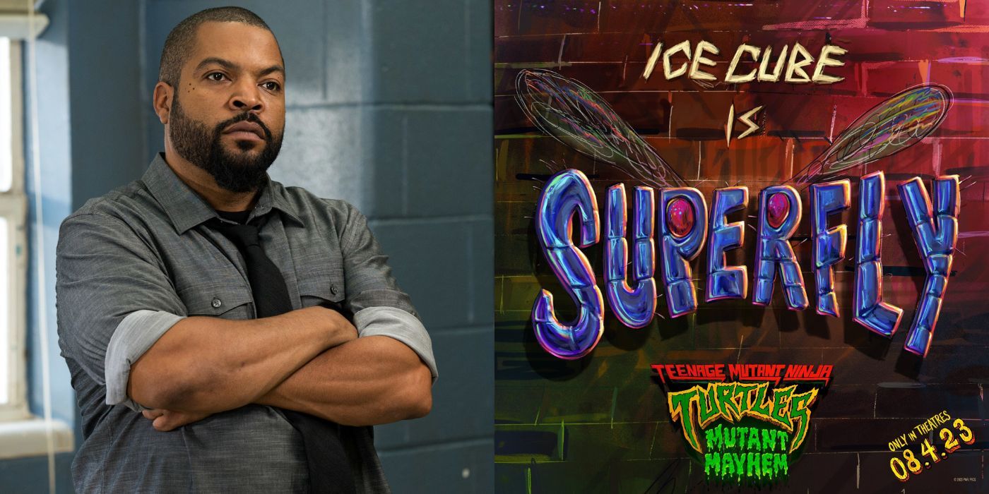 Ice Cube in Fist Fight side-by-side a promo for Teenage Mutant Ninja Turtles: Mutant Mayhem