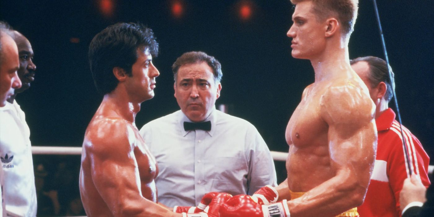 Dolph Lundgren as Ivan Drago and Sylvester Stallone as Rocky Balboa in Rocky 4