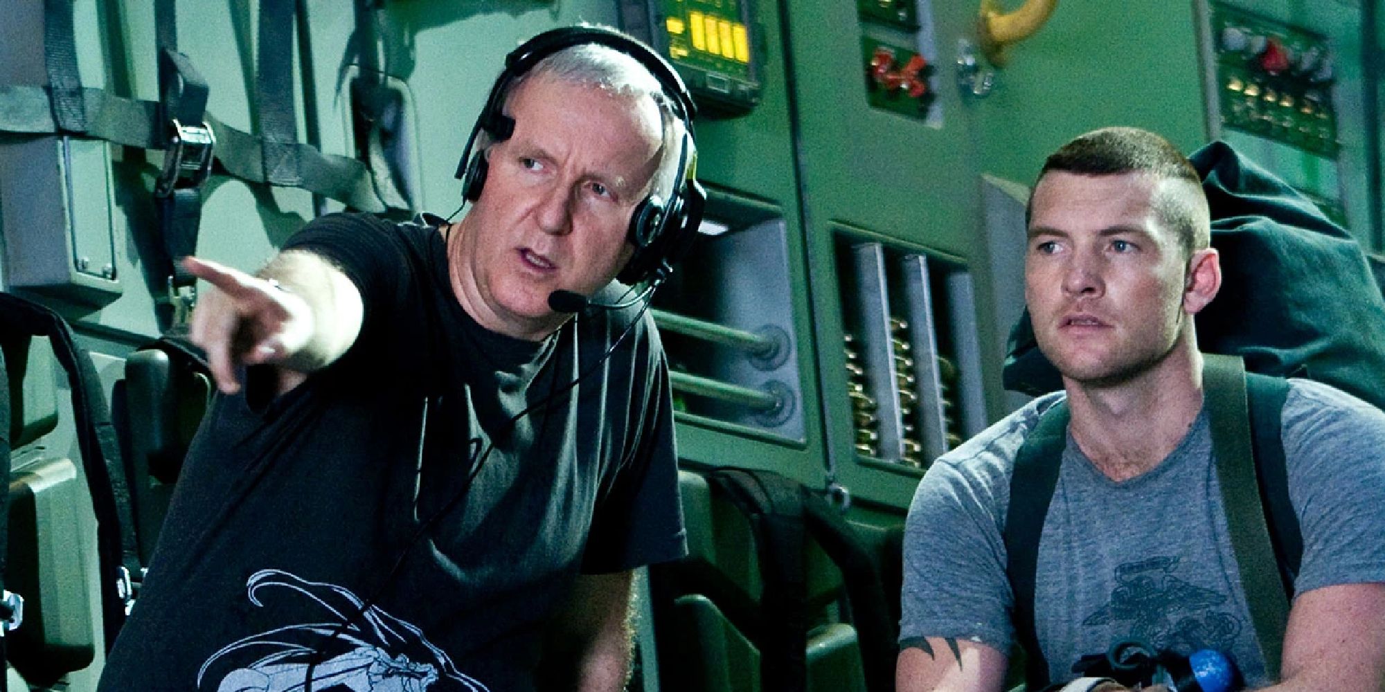 James Cameron directing beside Sam Worthington