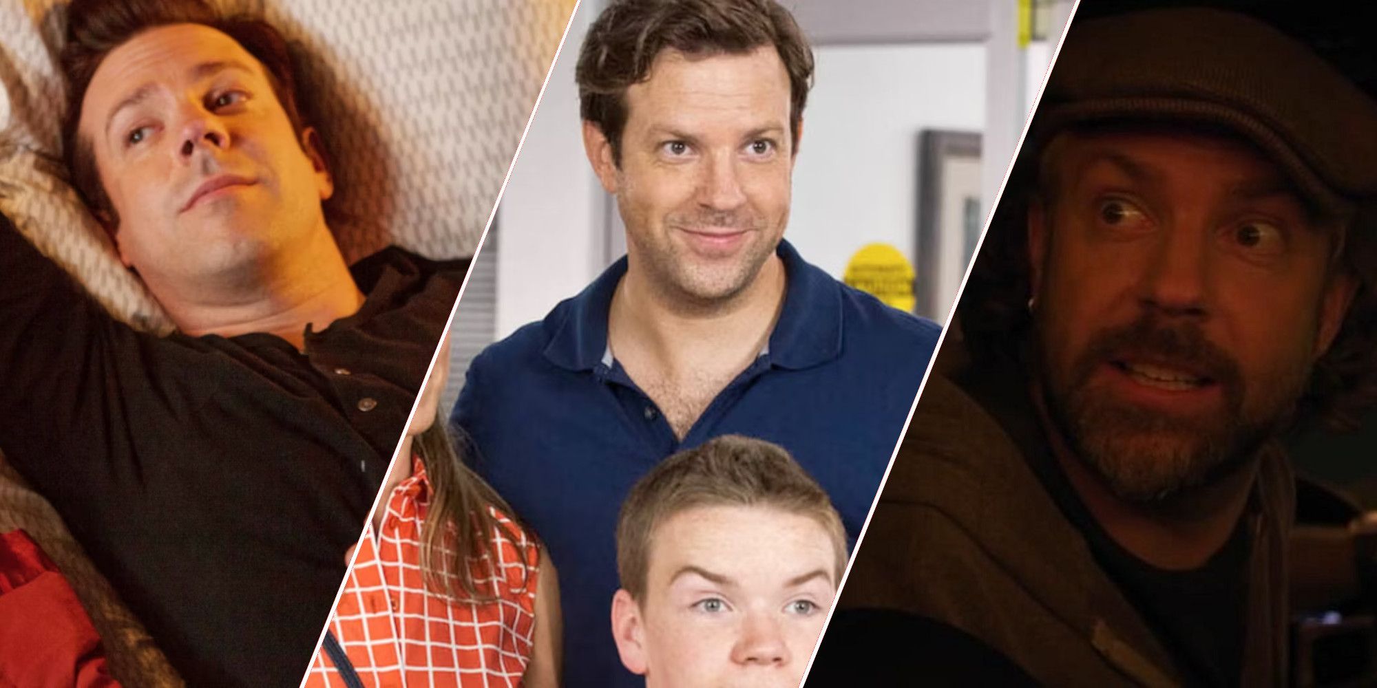 A collage of stills featuring actor Jason Sudeikis and his roles in 'Sleeping with Other People', 'We're the Millers', and 'Booksmart'