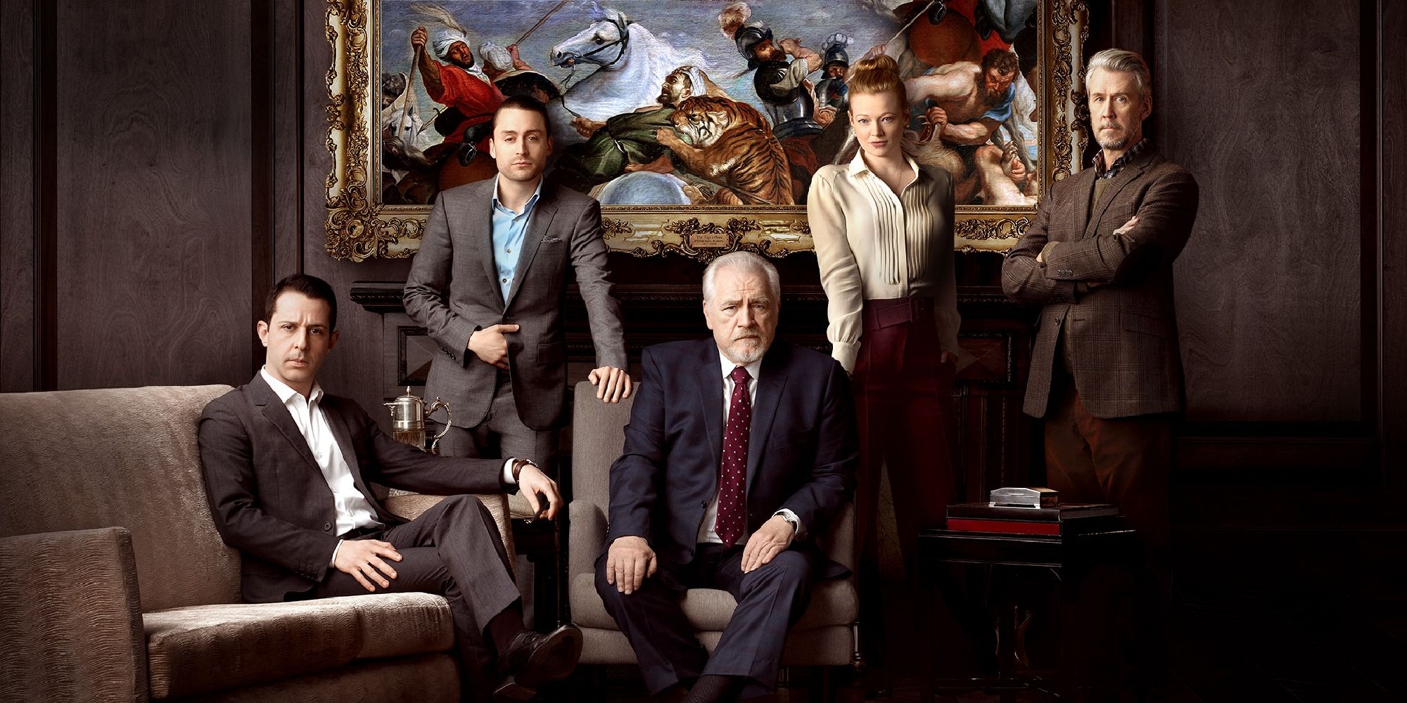Jeremy Strong, Kieran Culkin, Brian Cox, Sarah Snook et Alan Ruck dans une photo promotionnelle de Succession.