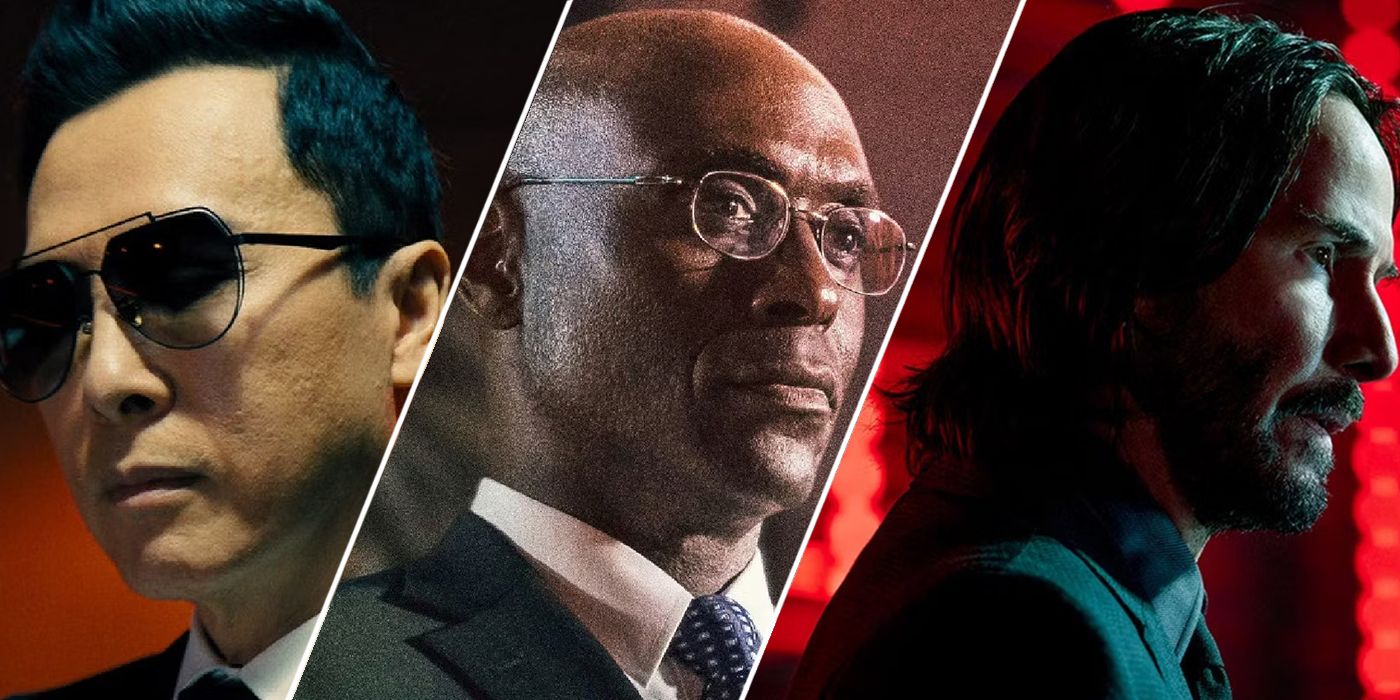 Donnie Yen in John Wick: Chapter 4 (2023); Lance Reddick in John Wick (2014); Keanu Reeves in John Wick Chapter 4 (2023)