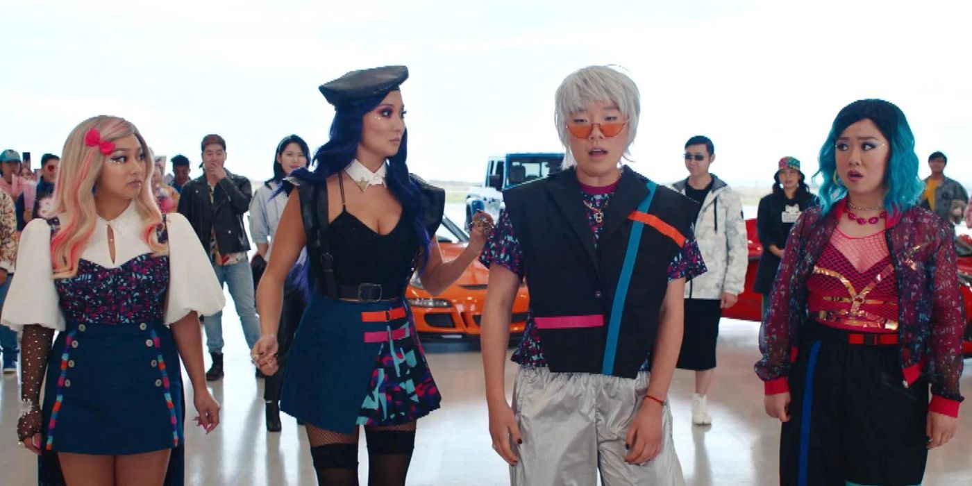 Stephanie Hsu, Ashley Park, Sabrina Wu, and Sherry Cola disguised as K-Pop stars in Joy Ride 
