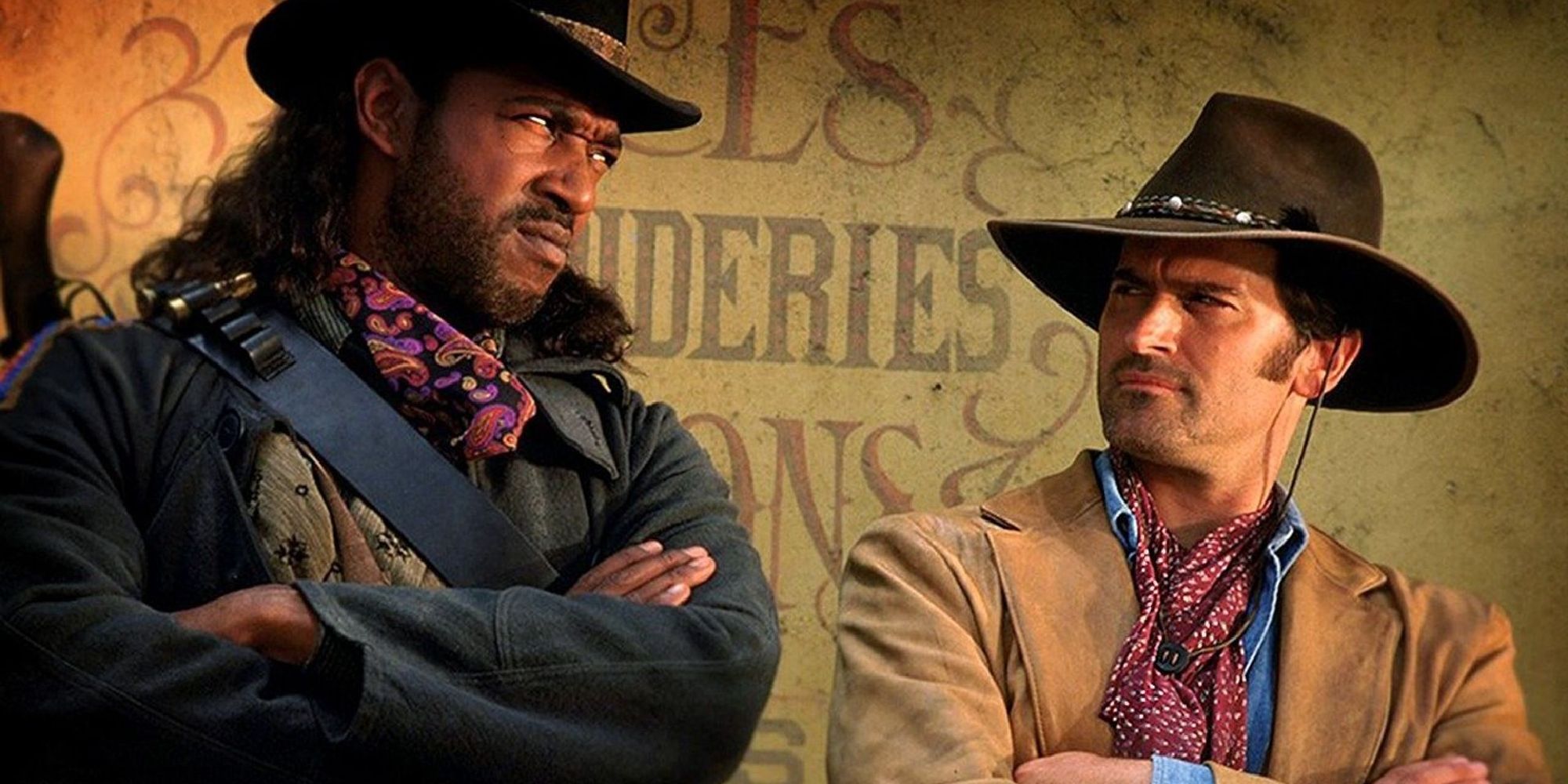 Julius Carry and Bruce Campbell in a promotional shoot for The Adventures of Brisco County, Jr.