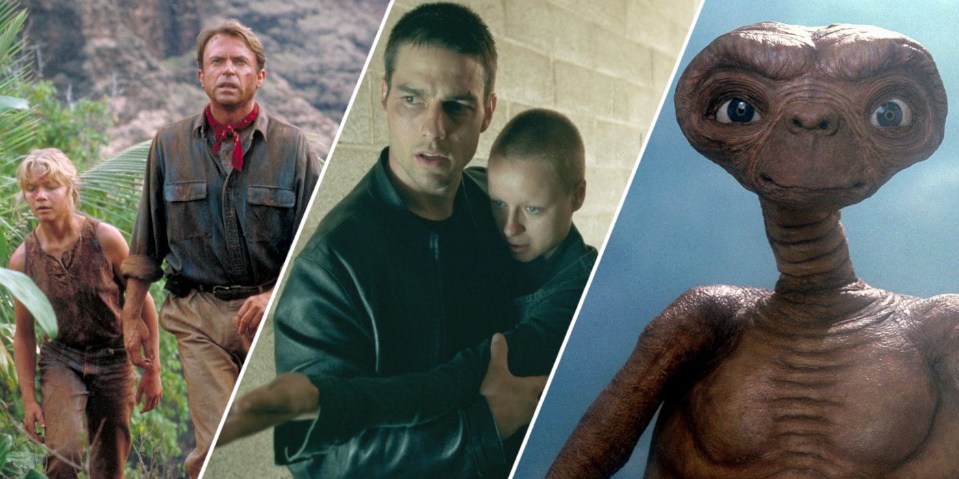 Split image showing characters from Jurassic Park, Minority Report, and E.T. the Extra-Terrestrial