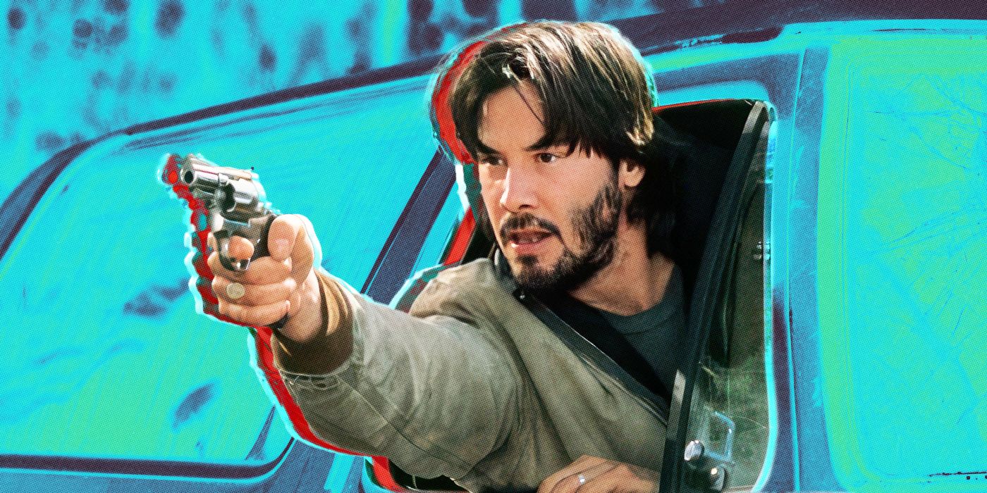 A custom image of Keanu Reeves pointing a gun outside his car window in The Gift