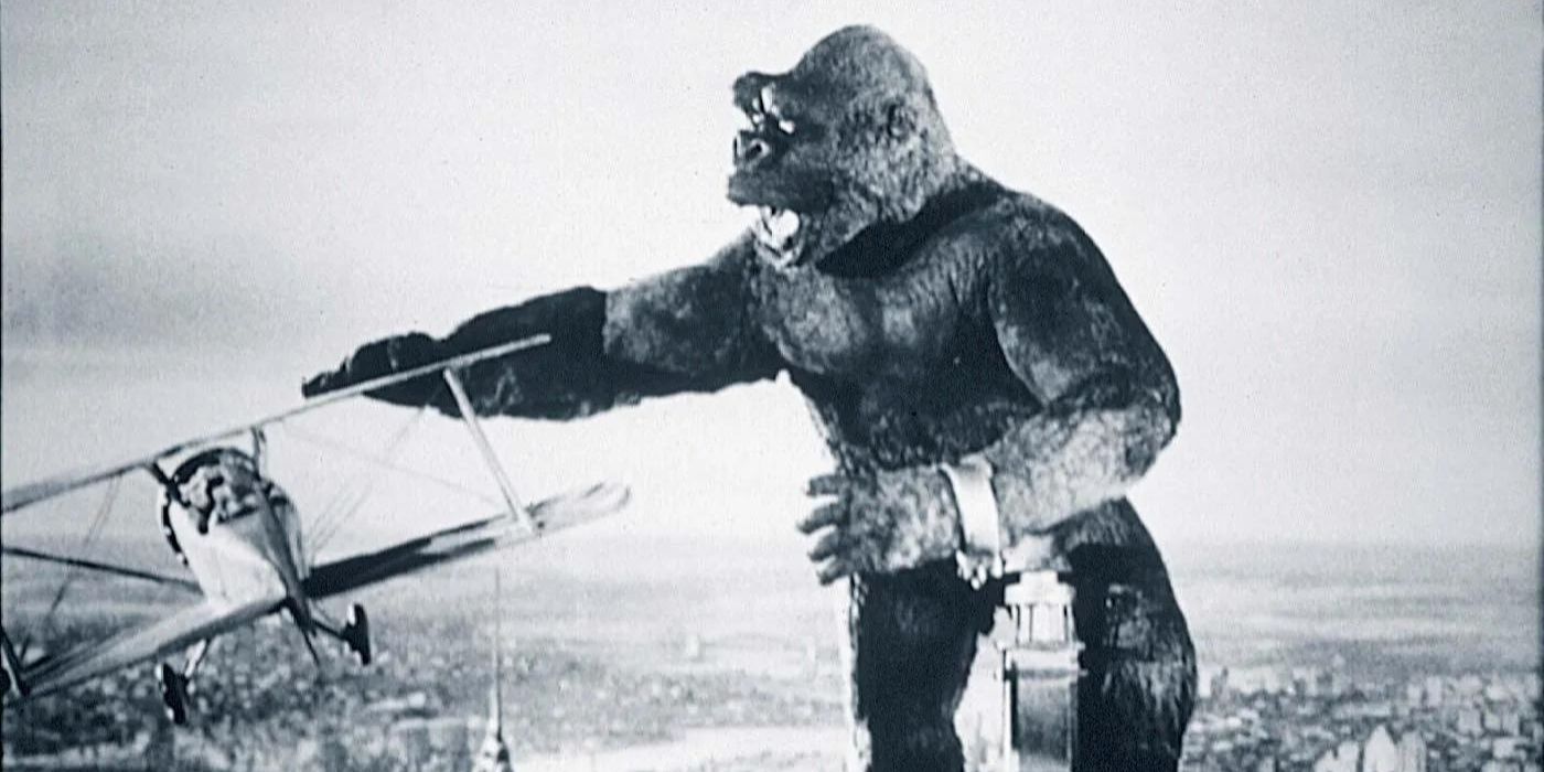 King Kong atop a skyscraper takes down a helicopter in King Kong (1933)