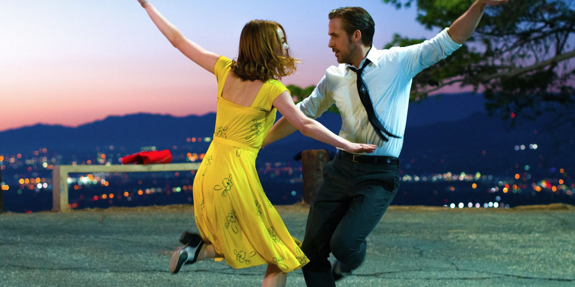 Emma Stone and Ryan Gosling as Mia and Sebastian dancing in La La Land.