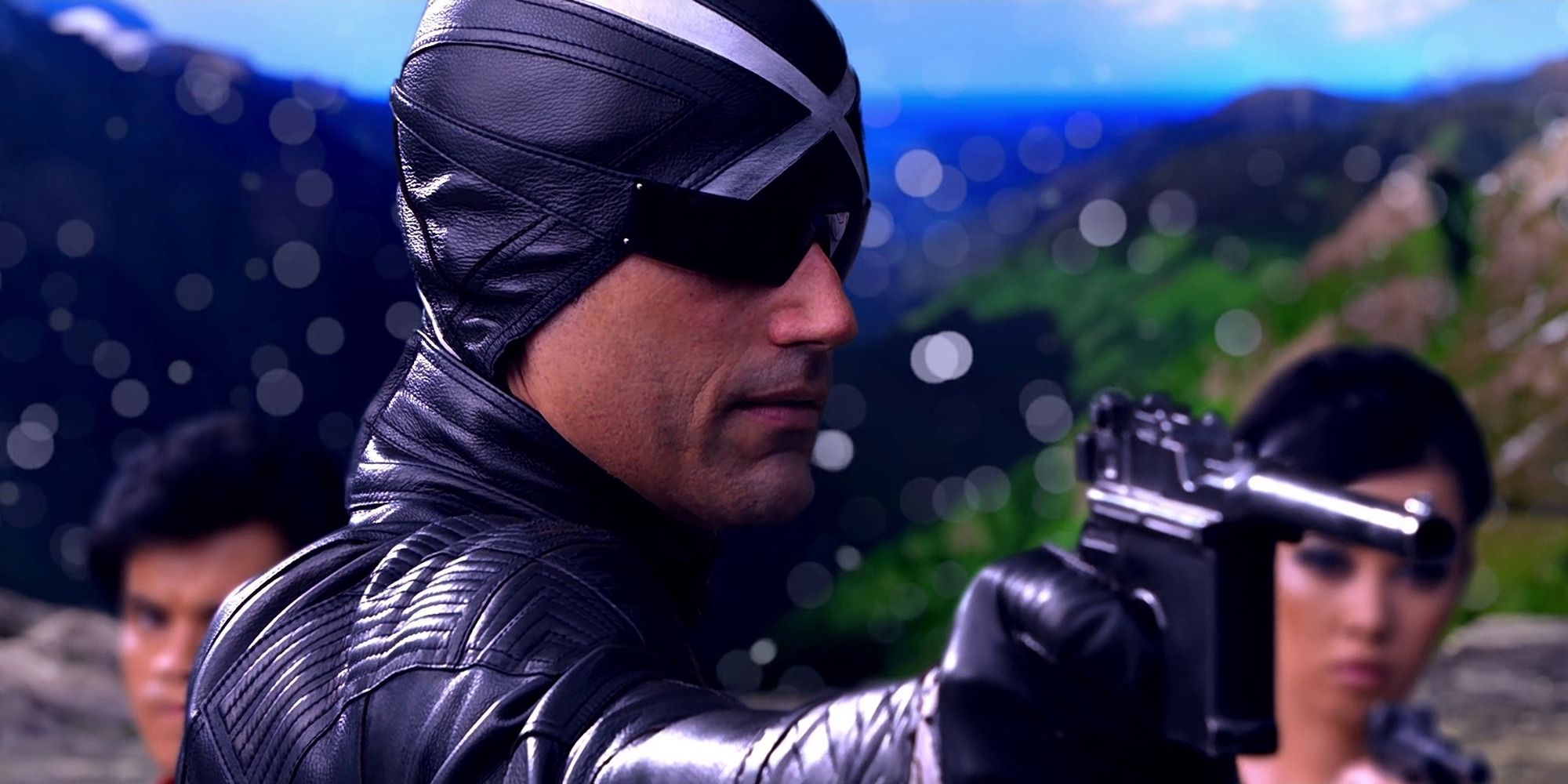 Matthew Fox portant un masque et des lunettes de soleil et tenant une arme à feu dans 'Speed ​​Racer'