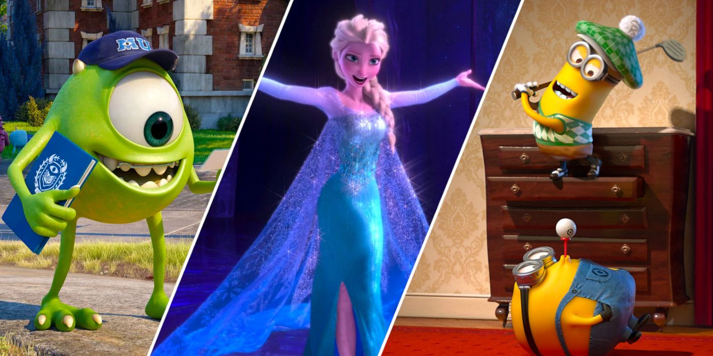 Mike from Monsters University, Elsa from Frozen, and minions from Despicable Me 2