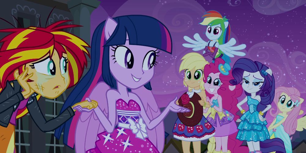 The main characters of My Little Pony: Equestria Girls from left to right: Starlight Glimmer, Twilight Sparkle, Applejack, Rainbow Dash, Pinkie Pie, Rarity, and Fluttershy