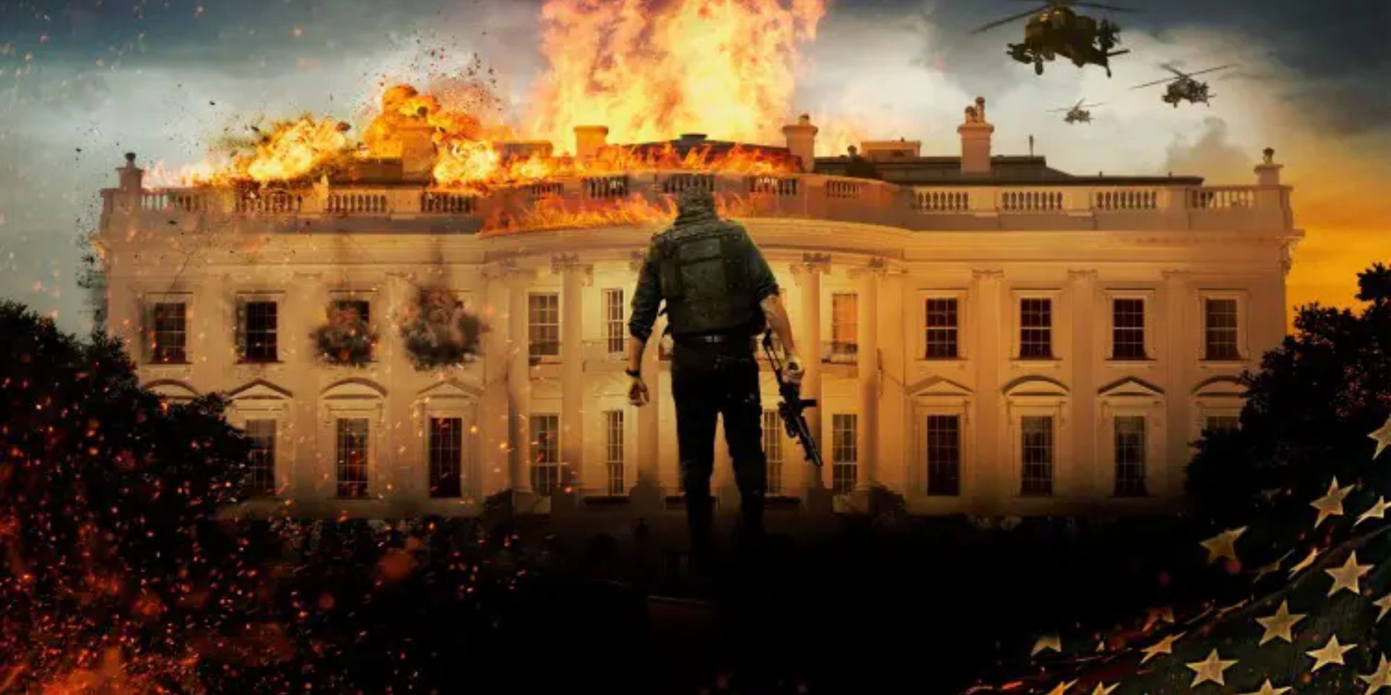 A man stands in front of the burning White House on Olympus Has Fallen.