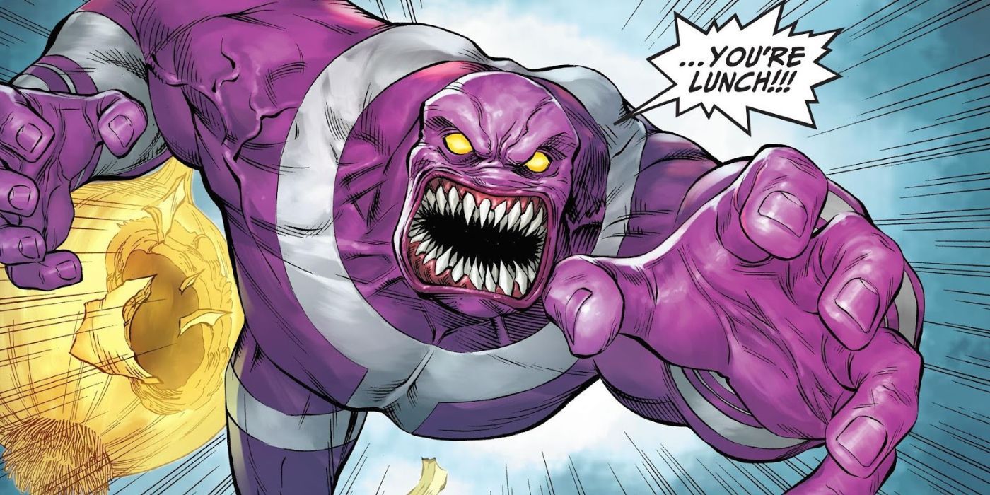 DC Comics' Parasite lunging forward, bearing his teeth and stretching his arm out to attack.