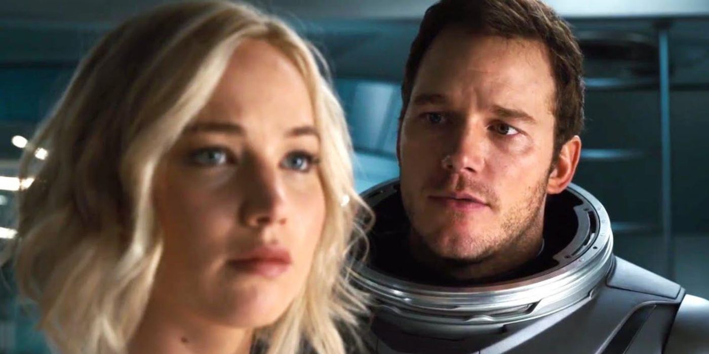 Jim, played by Chris Pratt, wearing a space suit and looking at Aurora, played by Jennifer Lawrence, with concern on his face in the Passengers movie