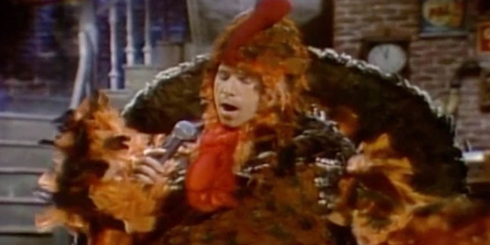 Paul Simon déguisé en dinde livrant un monologue sur Saturday Night Live