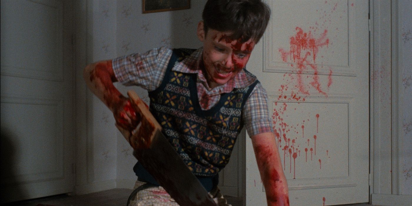 Boy murdering someone with a chainsaw in Pieces movie