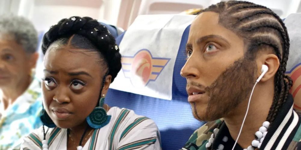 An official screenshot of Quinta Brunson and Robin Thede sitting in seats on an airplane in A Black Lady Sketch Show