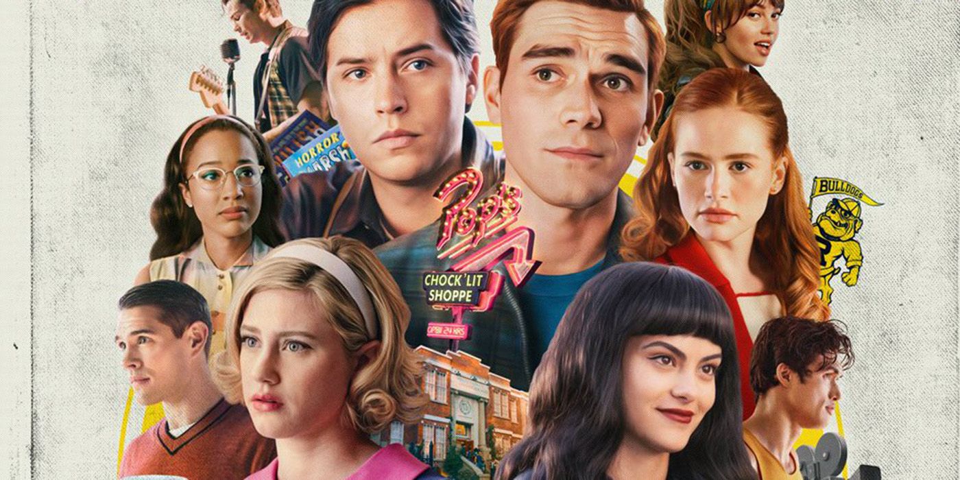 the ensemble cast of Riverdale featured on the Season 7 poster including Lili Reinhart, KJ Apa, Camila Mendes, Madelaine Pestch and Vanessa Morgan