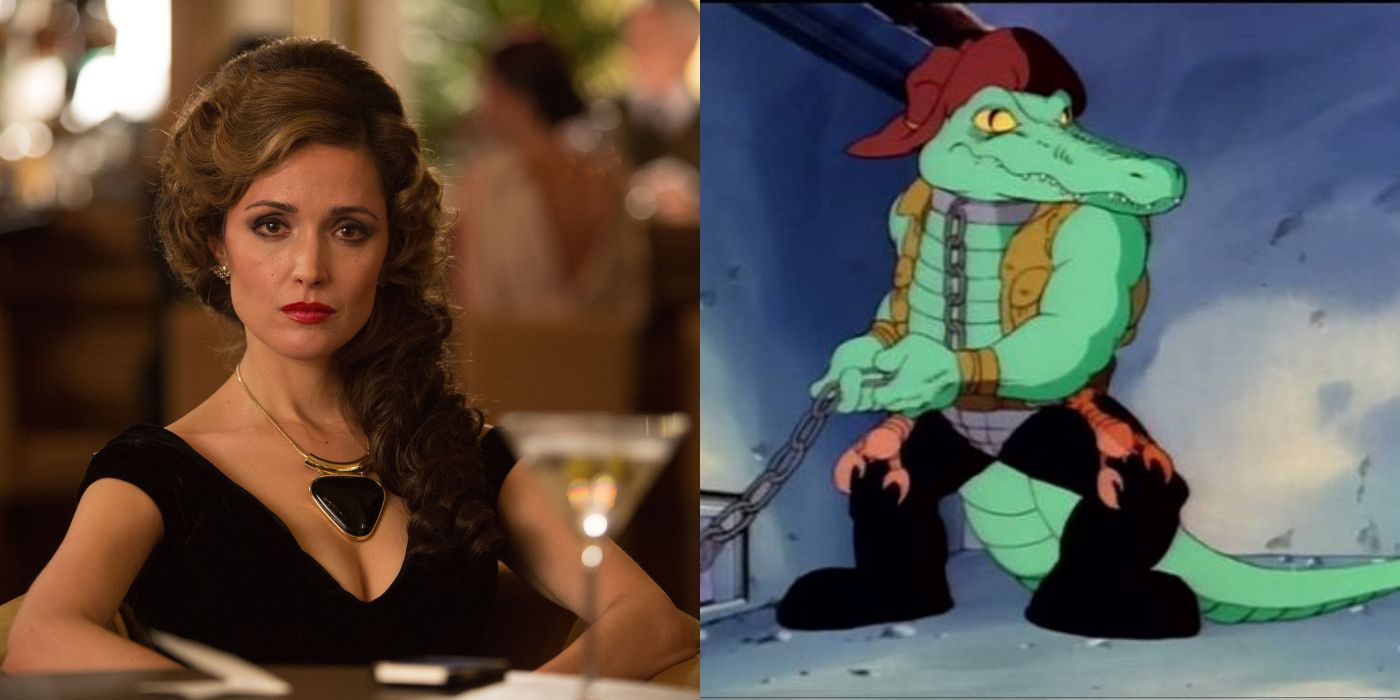 Rose Byrne in Spy side-by-side with Leatherhead from the original Teenage Mutant Ninja Turtles cartoon