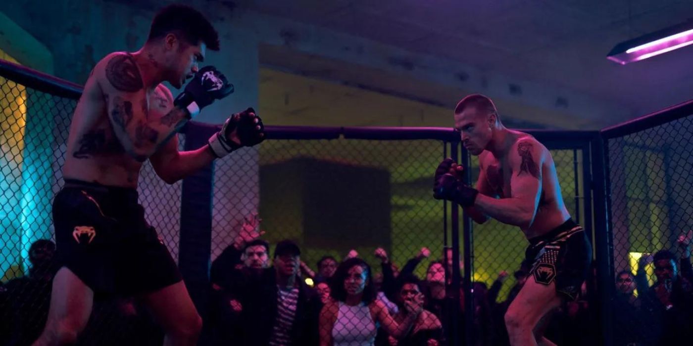 Ross Butler and Matthew Noszka fight in a cage at Perfect Addiction 