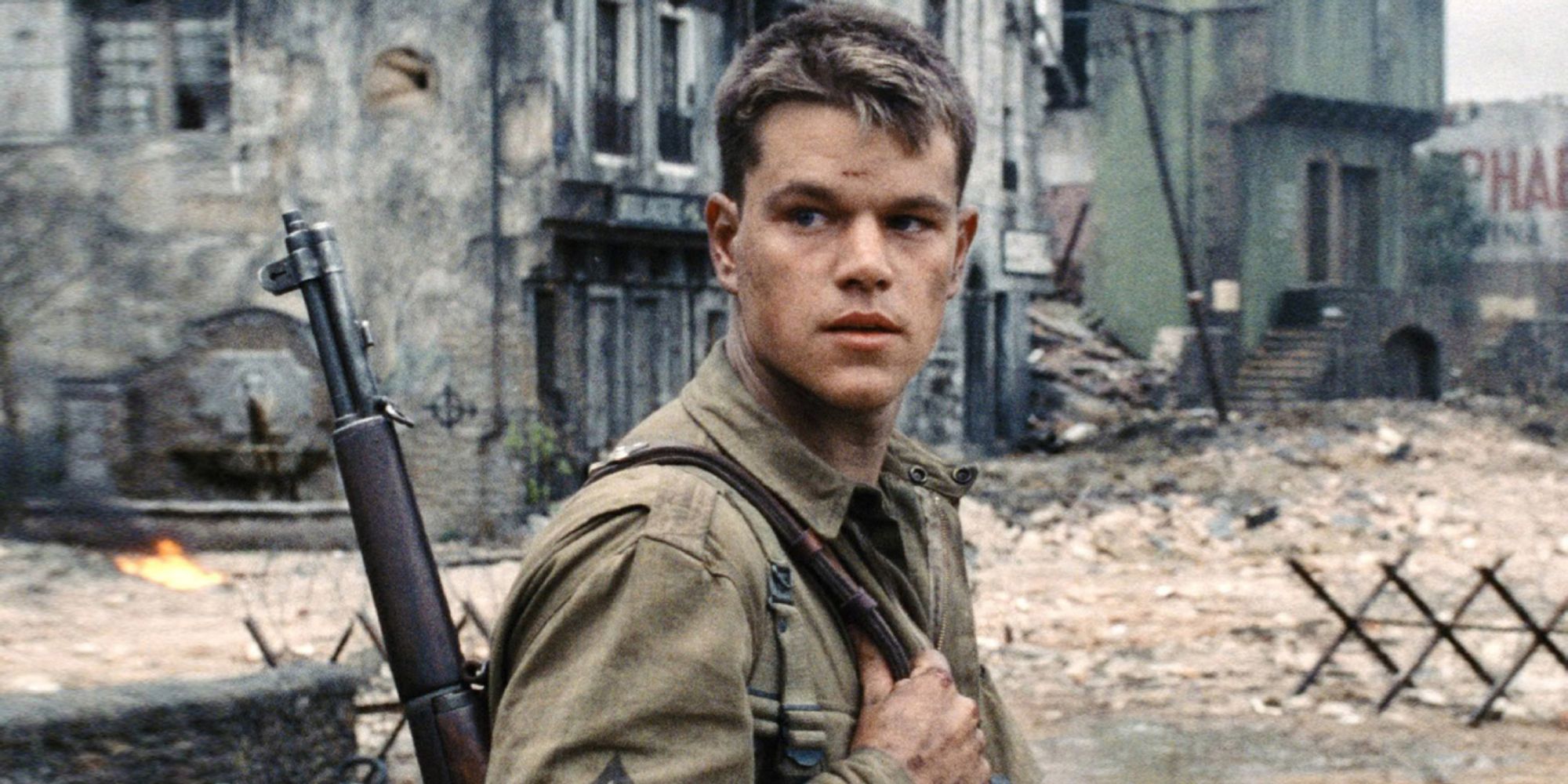 Matt Damon as Private Ryan looking back at something off camera in Saving Private Ryan - 1998