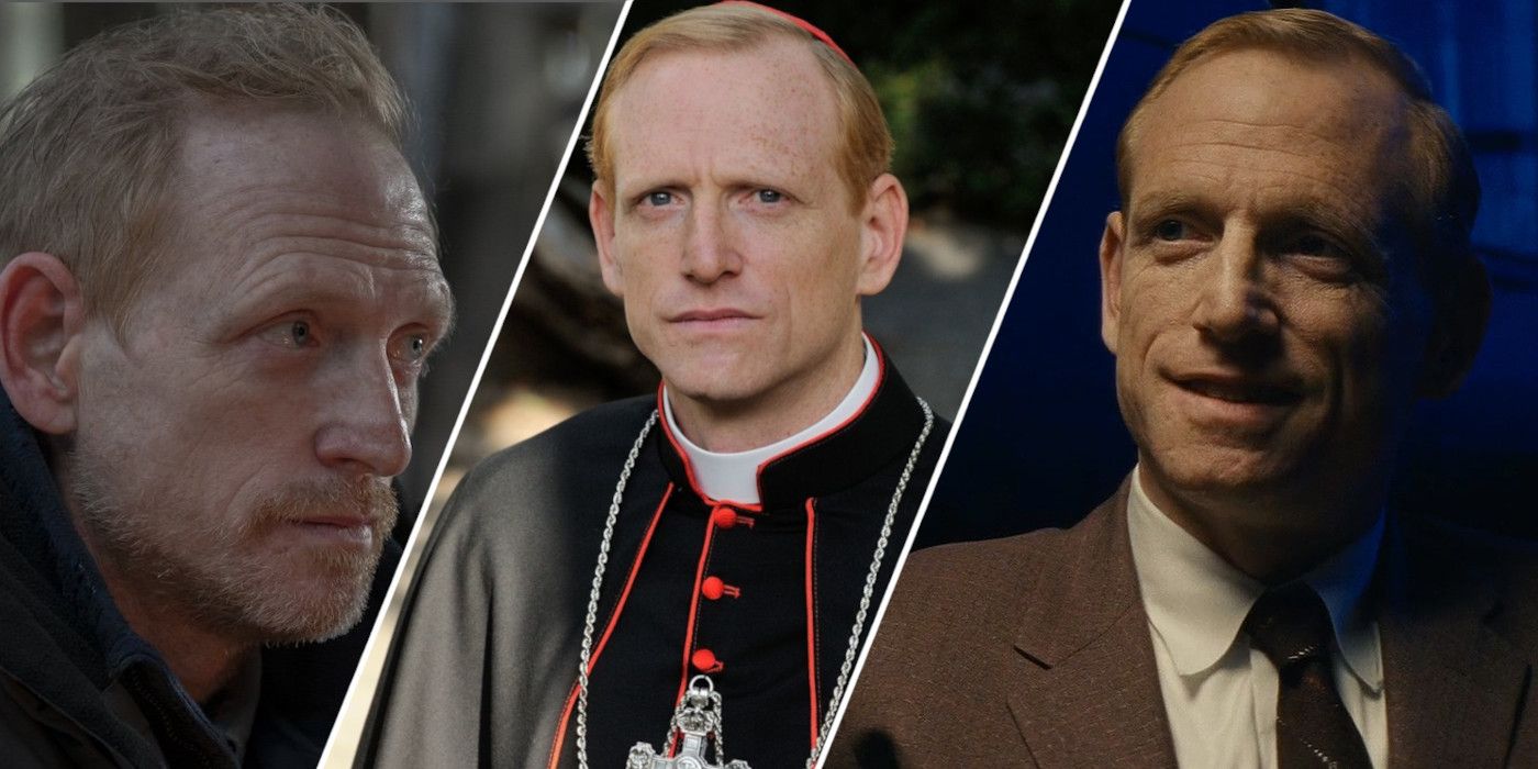 Split image showing Scott Shepherd in The Last of Us, The Young Pope, and Bridge of Spies
