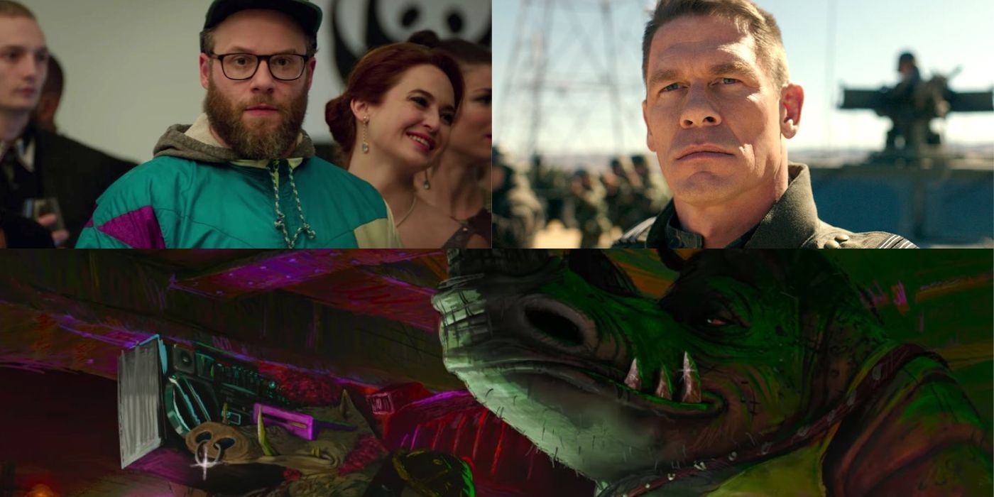 Seth Rogen in Long Shot and John Cena in Bumblebee alongside Bebop and Rocksteady in Teenage Mutant Ninja Turtles: Mutant Mayhem